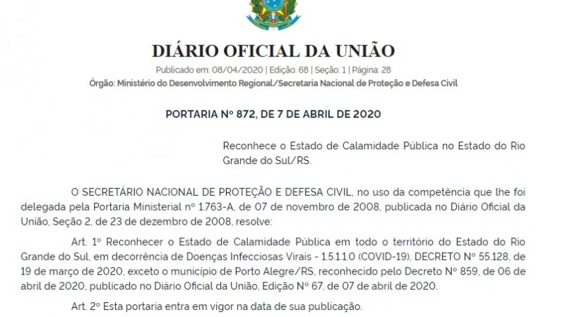 PORTARIA Nº 872, DE 7 DE ABRIL DE 2020