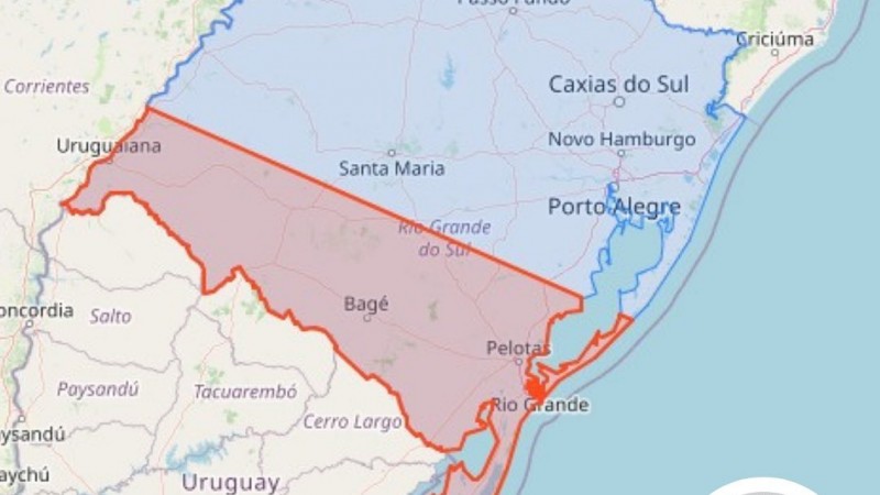 Eventual queda de granizo nas áreas em vermelho do mapa. Emergência ligue 190/193.