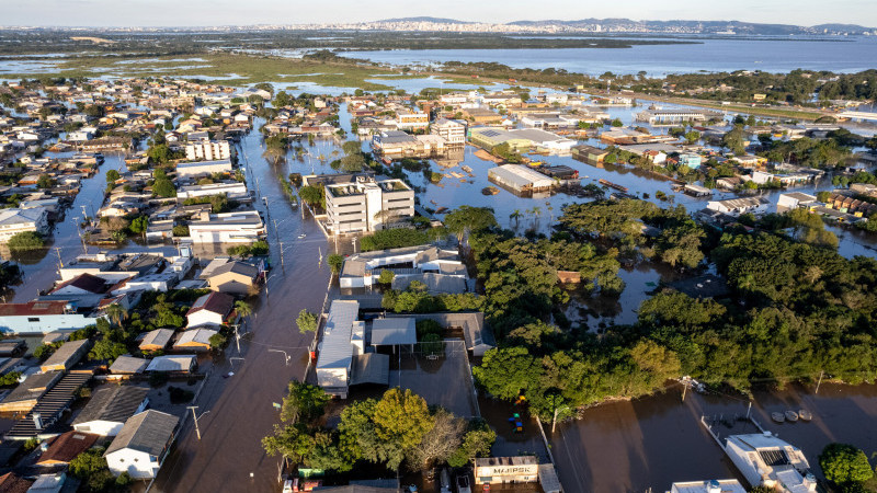 A foto mostra a cidade Eldorado do Sul alagada