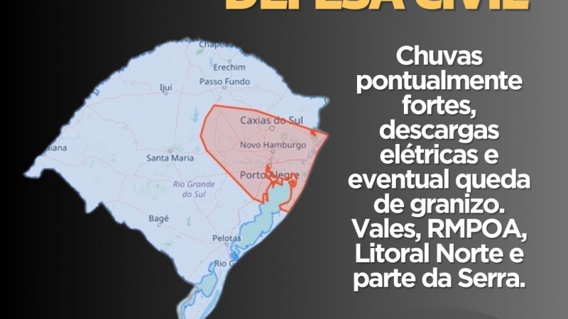 Alertas chuvas pontualmente fortes, descargas elétricas e eventual queda de granizo