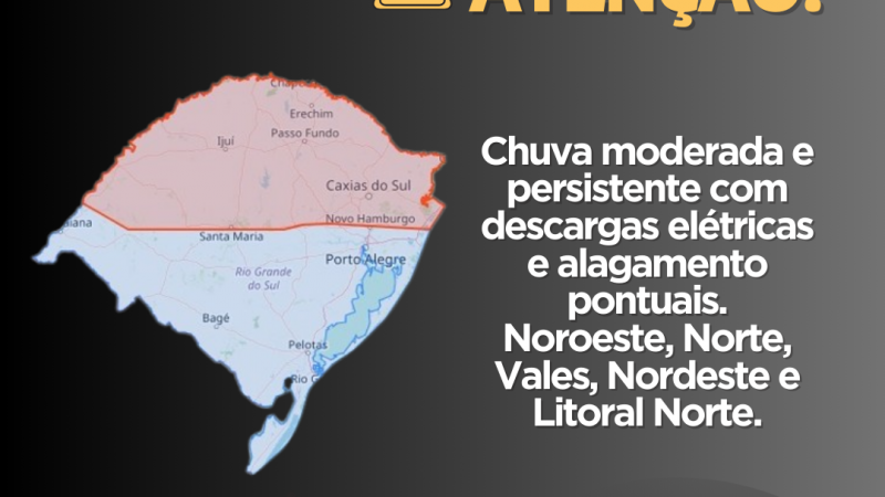 Defesa Civil alerta para chuva moderada e persistente com descargas elétricas e alagamento pontuais. 