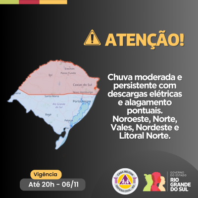 Defesa Civil alerta para chuva moderada e persistente com descargas elétricas e alagamento pontuais. 