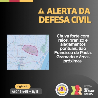 Defesa Civil alerta para chuva forte com raios, granizo e alagamentos pontuais
