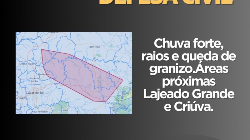 Defesa Civil alerta para chuva e vento fortes, raios, queda de granizo e alagamentos pontuais. Emergência ligue 190/193.

Caso seja surpreendido pelo tempo severo, busque abrigo. Se estiver em casa, feche bem portas e janelas. Durante os temporais, retire da tomada os eletroeletrônicos. Abrigue animais e mantenha-os em segurança.

Procure informações junto à Defesa Civil da sua cidade, conheça os Planos de Contingência municipais para saber quais os riscos e como agir em caso de desastre no seu município.