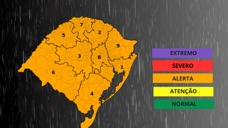 Uma imagem do mapa do estado do Rio Grande do Sul, no Brasil, dividida em nove regiões numeradas. Todo o mapa está preenchido com a cor laranja, indicando nível de alerta para risco meteorológico. O fundo da imagem tem um efeito de chuva caindo.
Na parte superior, há um título em letras grandes e amarelas: "ÁREAS COM RISCO METEOROLÓGICO".
No lado direito, há uma legenda de cores indicando os níveis de risco, da menor para a maior
Na parte inferior, há um aviso de vigência com fundo bege e letras pretas, informando o período do alerta: "Vigência: 16/02 a 17/02".
No rodapé da imagem, há dois logotipos: um da Casa Militar Defesa Civil do Rio Grande do Sul e outro do Governo do Estado do Rio Grande do Sul.
Mensagem principal da imagem:
O estado do Rio Grande do Sul está em alerta meteorológico entre os dias 16 e 17 de fevereiro, devido ao risco de chuvas intensas e alagamentos. A população deve acompanhar as informações da Defesa Civil.