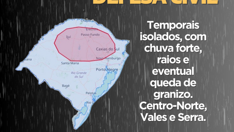 A imagem apresenta um mapa do estado do Rio Grande do Sul com uma área destacada em vermelho, abrangendo cidades como Passo Fundo, Ijuí e Caxias do Sul. O fundo da imagem contém um efeito de chuva.
Na parte inferior, há os logotipos da Casa Militar – Defesa Civil RS e do Governo do Estado do Rio Grande do Sul.