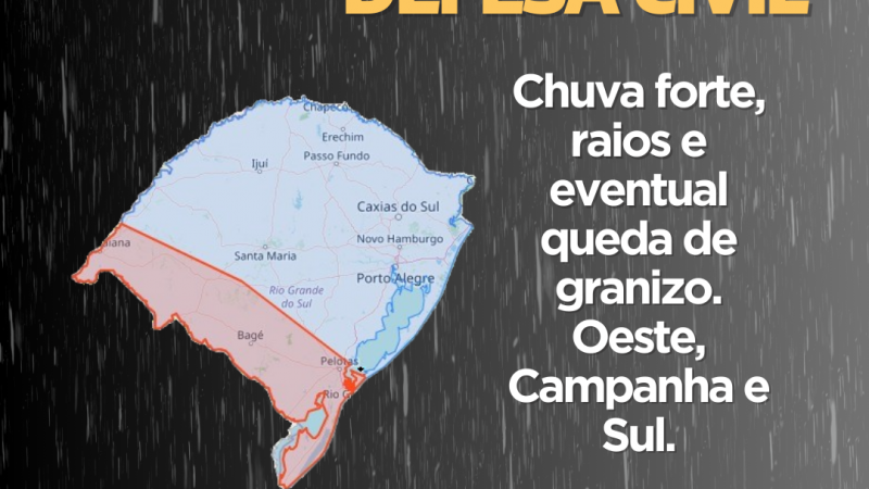 Defesa Civil alerta para chuva forte, raios e eventual queda de granizo