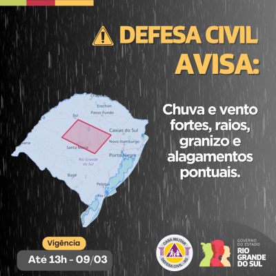 Defesa Civil avisa:Chuva e vento fortes, raios, granizo e alagamentos pontuais