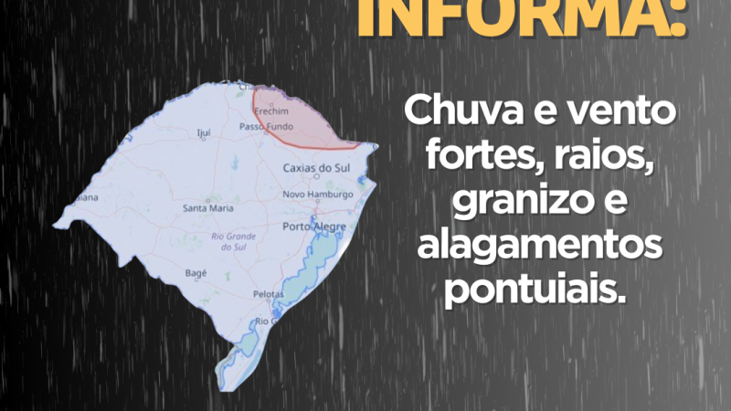 Defesa Civil informa: Chuva e vento fortes, raios, granizo e alagamentos pontuais