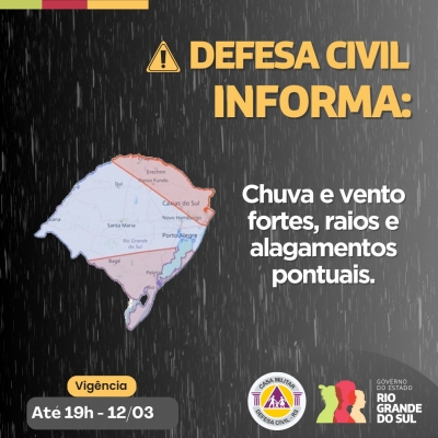 Defesa Civil informa: Chuva e vento fortes, raios e alagamentos pontuais nas regiões Norte, Nordeste e Serra. Emergência ligue 190/193.
