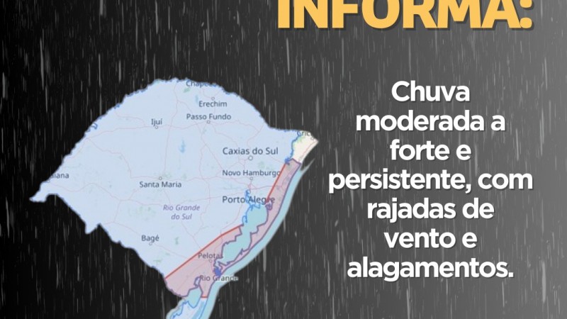 DCRS INFORMA: Chuva moderada a forte e persistente, rajadas de vento e alagamentos. Val. até às 13h