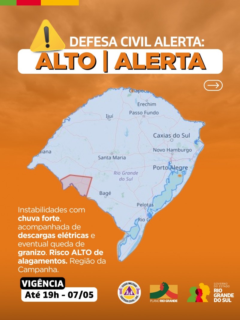 Mapa do RS com alerta laranja para a região da campanha.