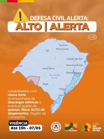 Mapa do RS com alerta laranja para a região da campanha.