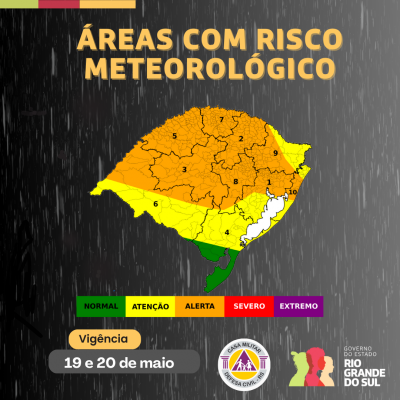 Mapa do Rio Grande do Sul com atualização do do aviso Mtereológico em laranja no norte e centro do estado, amarelo para o resto e verde ao sul. 