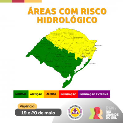 Avisos hidrológicos com mapa do Rio Grande do Sul em fundo branco com atualização do aviso hifrológico com metade para norte do estado em amarelo e o restante do estado fica em verde.