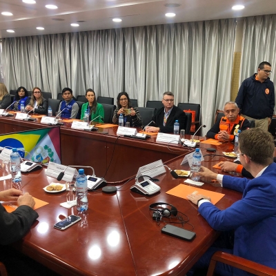Imagem mostra 13 pessoas participando de uma reunião, as bandeiras do Brasil e do Peru podem ser vistas entre as mesas.