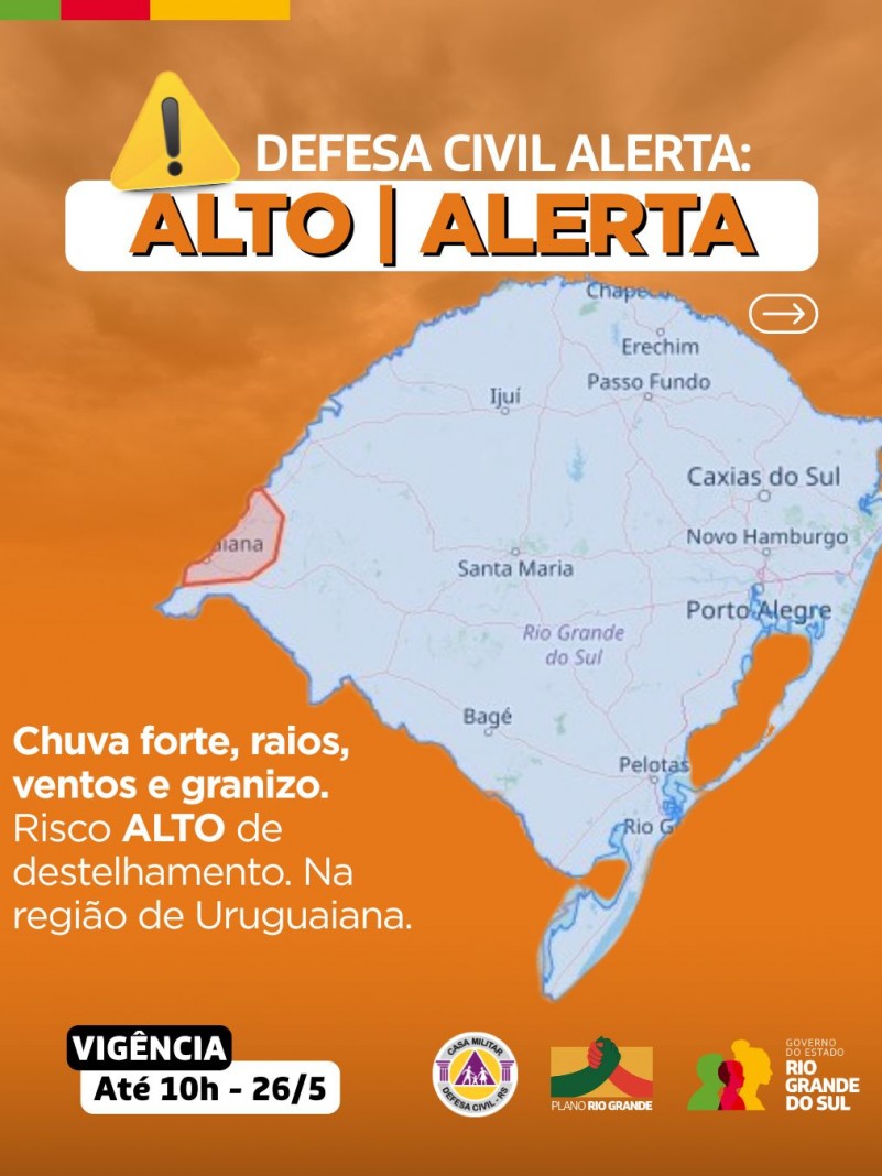 Defesa Civil alerta: Condição de ALERTA para chuva forte, raios, ventos e granizo.