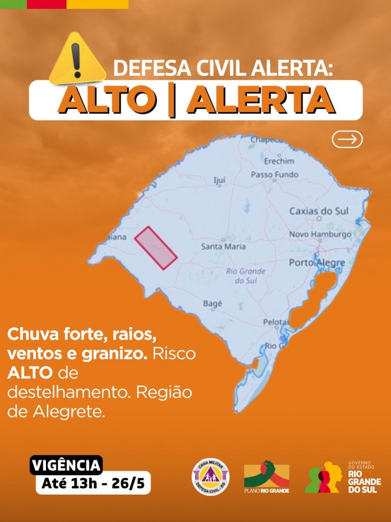Defesa Civil alerta: Condição de ALERTA para chuva forte, raios, ventos e granizo.