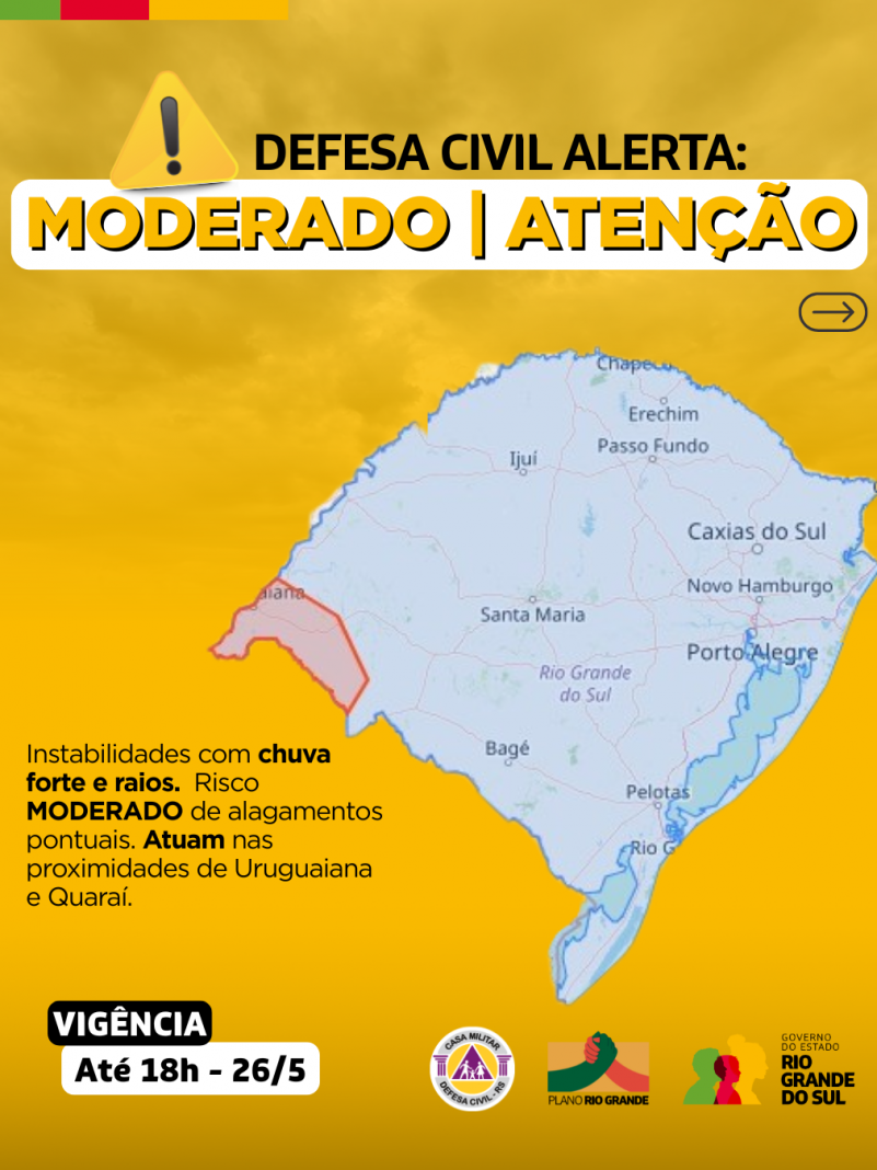 Alerta moderado para chuva forte e descargas elétricas.