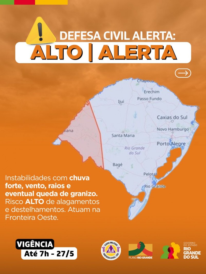 Defesa Civil alerta: Condição de ALERTA para chuva forte, vento, raios e eventual queda de granizo.
