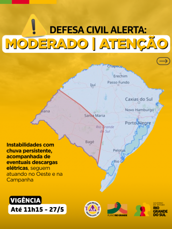 Mapa do RS em fundo amarelo com alerta moderado para a região do Oeste e na Campanha