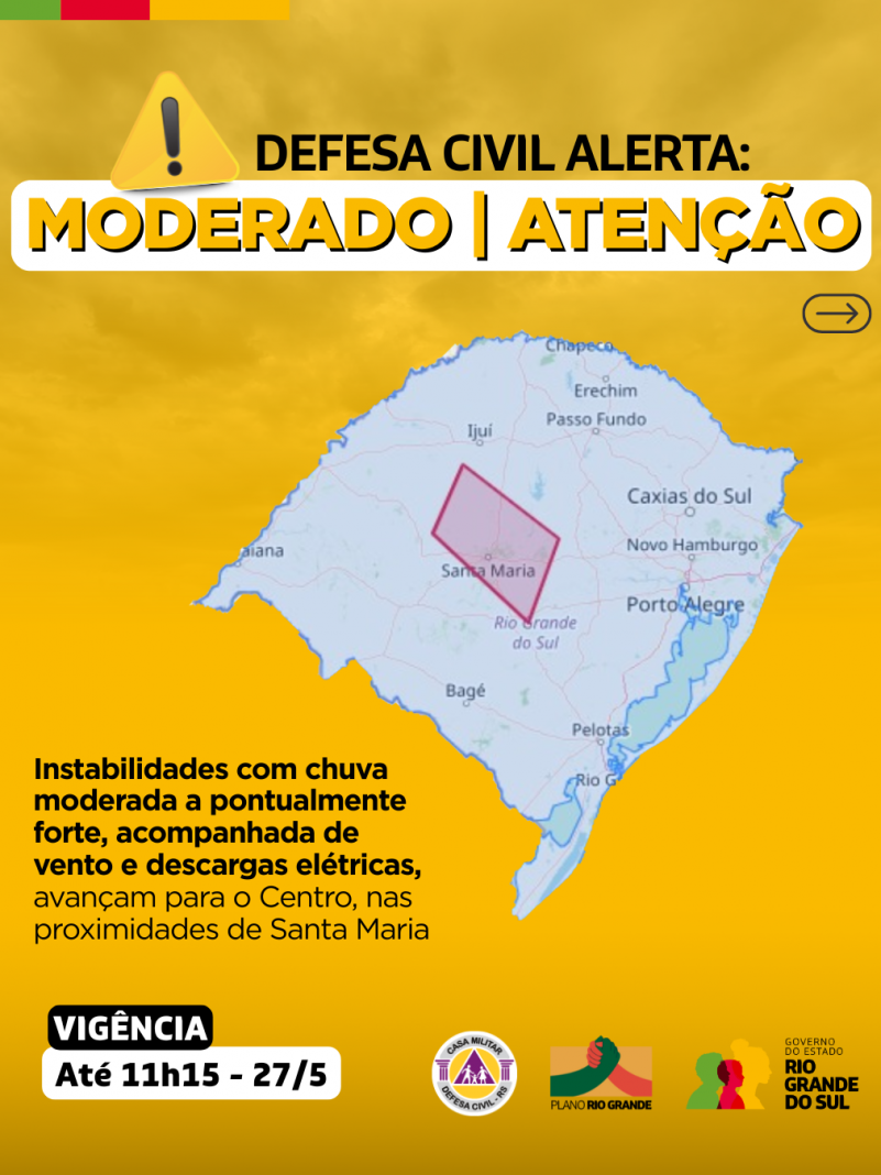 Mapa do RS em fundo amarelo com risco moderado de instabilidade com chuva pontualmenre forte, acompanhada de vento e descargas elétricas no centro e nas proximidades de Santa Maria