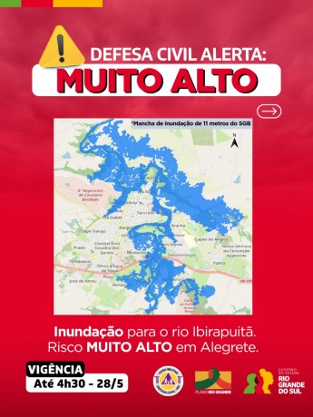 Mapa Mancha de inundação de 11 metros do SBG em fundo vermelho para alerta muito alto de inundação para o rio Ibiraputã em Alegrete. 