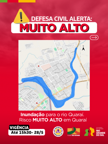 Mapa Rio Quaraí em fundo vermelho para alerta Muito Alto de inundação do rio Quaraí em Quaraí.