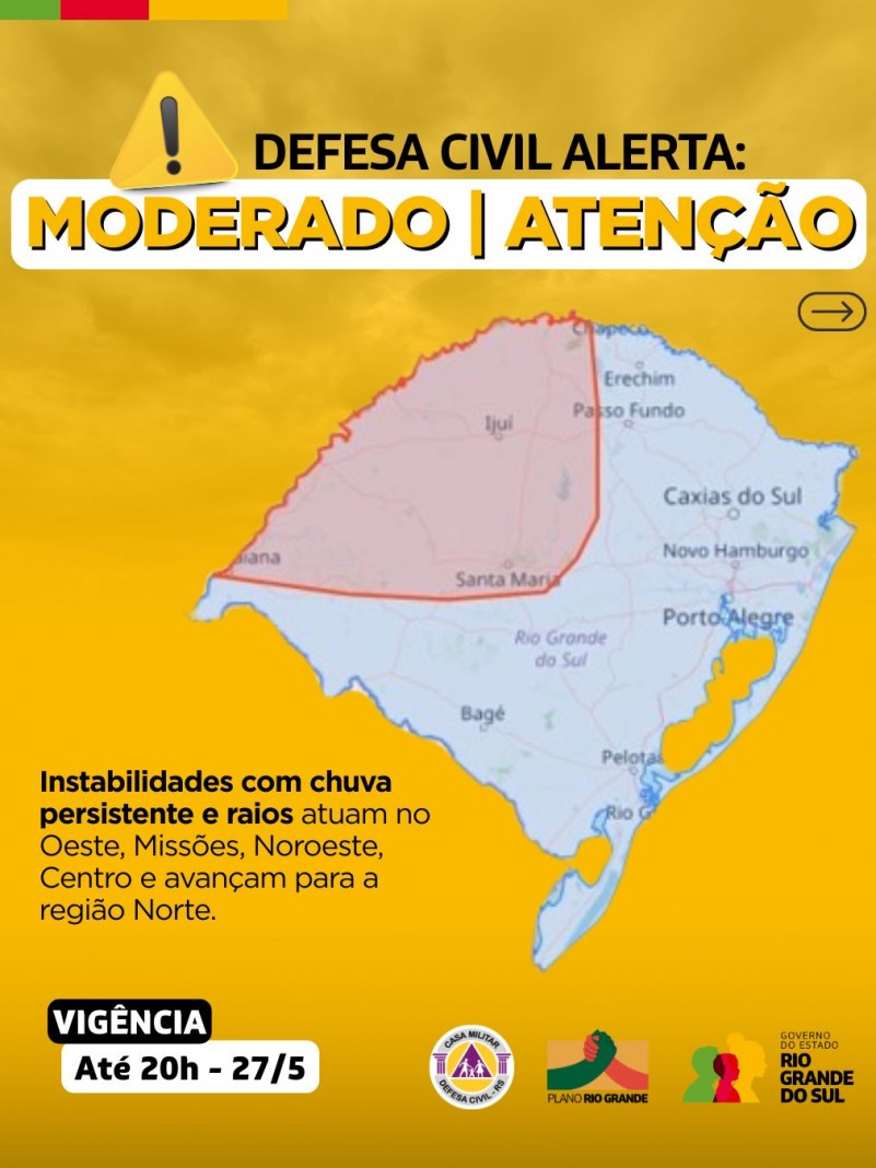Defesa Civil alerta: Condição de ATENÇÃO para chuva persistente e raios