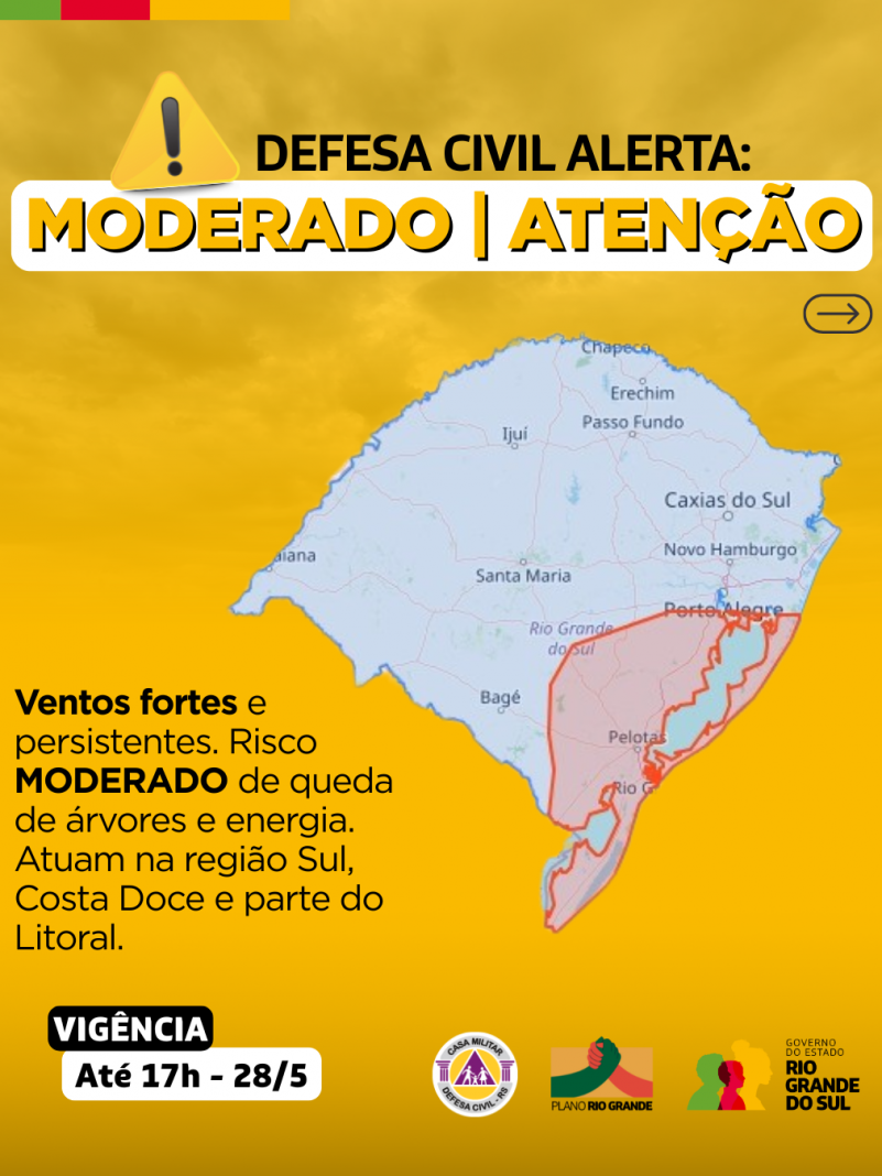Alerta amarelo para região Sul, Costa Doce e parte do Litoral.