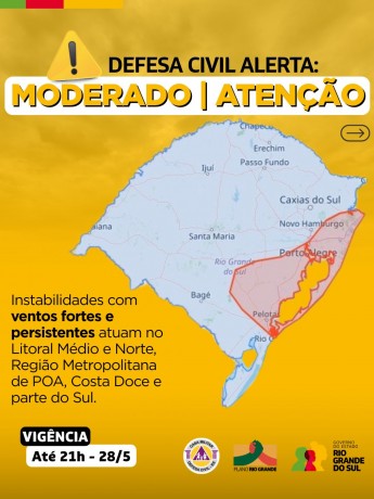 Defesa Civil alerta: condição de ATENÇÃO para rajadas de vento