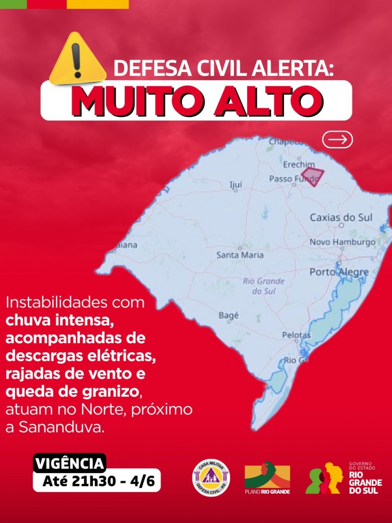Defesa Civil alerta: condição SEVERA para chuva intensa, descargas elétricas, rajadas de vento e queda de granizo