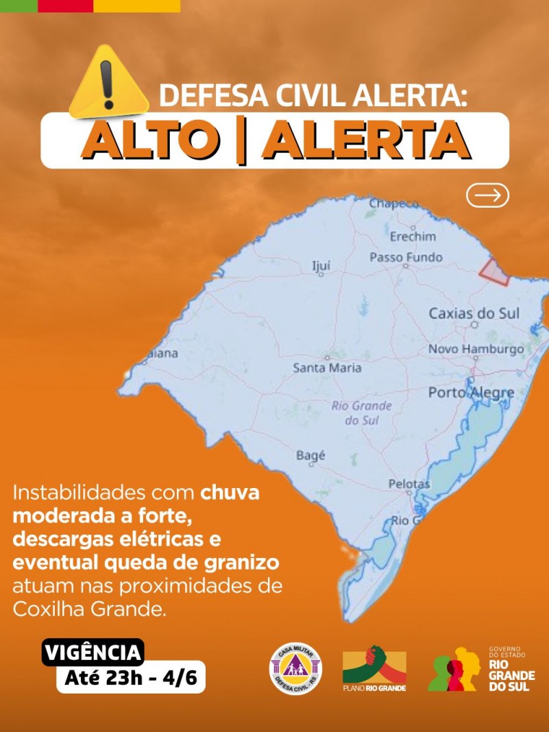 Defesa Civil alerta: condição de ALERTA para chuva moderada a forte, acompanhada de descargas elétricas e eventual queda de granizo