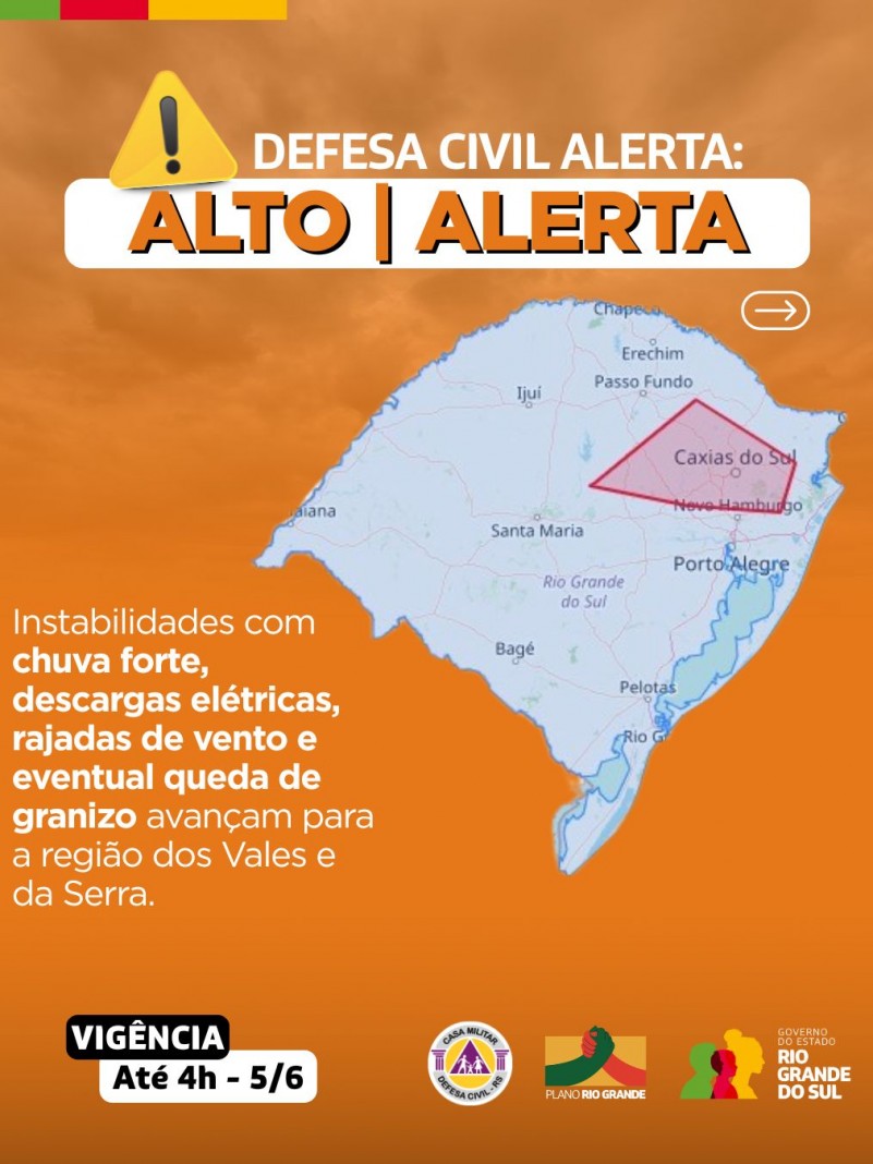 Defesa Civil alerta: condição de ALERTA para chuva forte, descargas elétricas, rajadas de vento e eventual queda de granizo