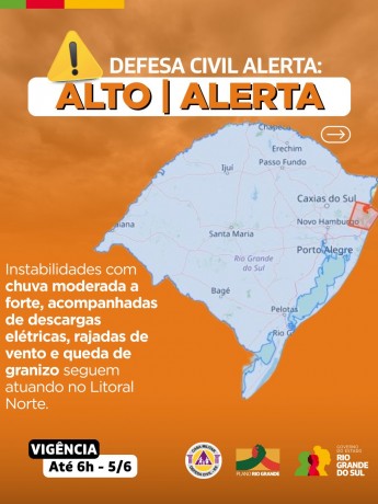 Defesa Civil alerta: Condição de ALERTA para instabilidades com chuva moderada a forte, descargas elétricas, rajadas de vento e queda de granizo