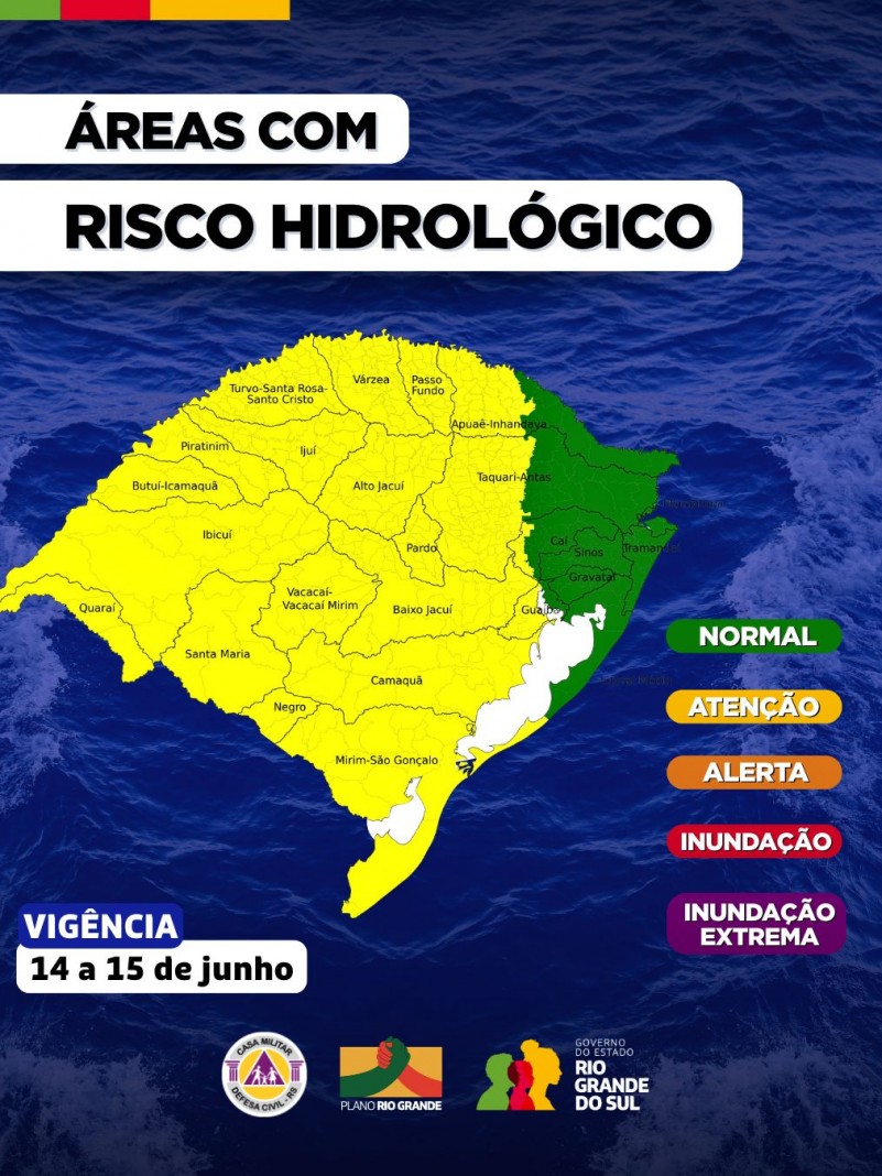 O Centro de Monitoramento da Defesa Civil Estadual atualiza o prognóstico hidrológico para os próximos dias no RS