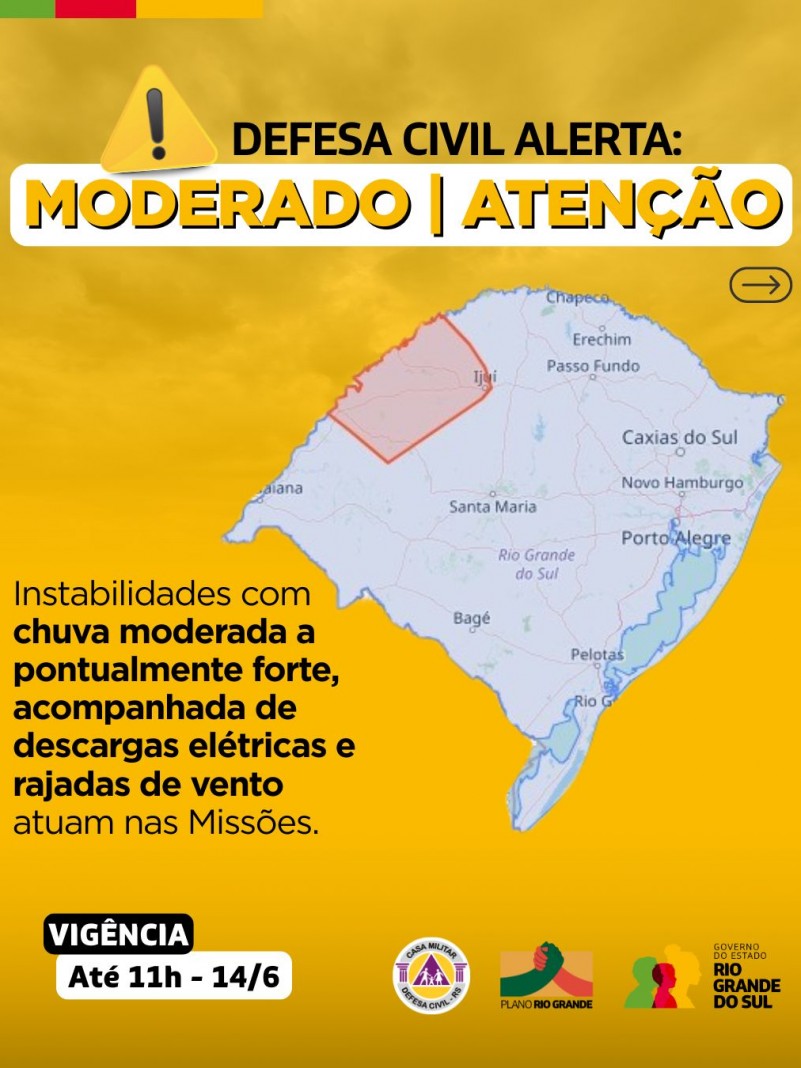Defesa Civil alerta: Condição de ATENÇÃO para instabilidades com chuva moderada a pontualmente forte, descargas elétricas e rajadas de vento