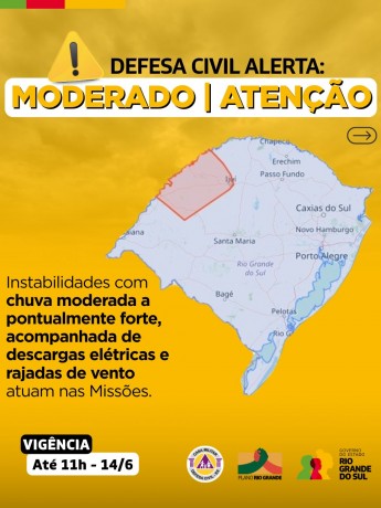 Defesa Civil alerta: Condição de ATENÇÃO para instabilidades com chuva moderada a pontualmente forte, descargas elétricas e rajadas de vento 