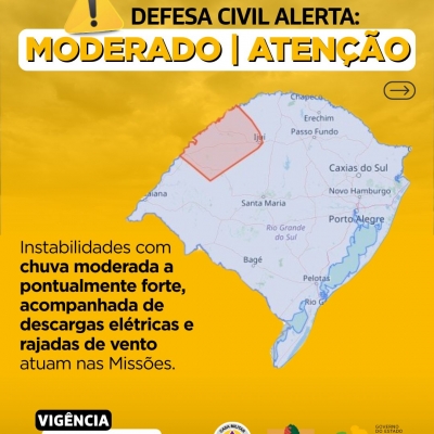 Defesa Civil alerta: Condição de ATENÇÃO para instabilidades com chuva moderada a pontualmente forte, descargas elétricas e rajadas de vento 