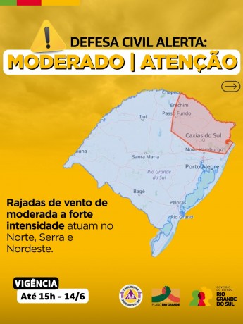 Defesa Civil alerta: Condição de ATENÇÃO para rajadas de vento de moderada a forte intensidade
