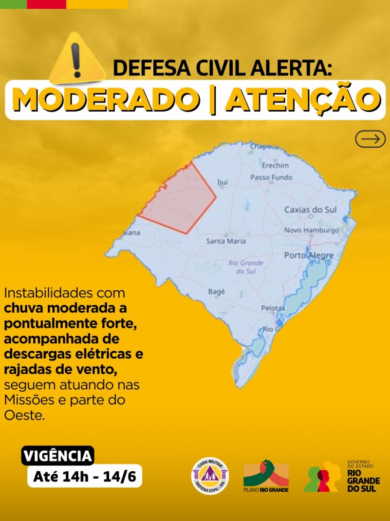 Defesa Civil alerta: Condição de ATENÇÃO para instabilidades com chuva moderada a pontualmente forte, raios e vento