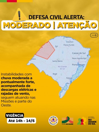Defesa Civil alerta: Condição de ATENÇÃO para instabilidades com chuva moderada a pontualmente forte, raios e vento 