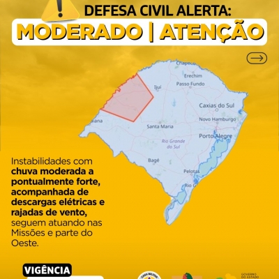 Defesa Civil alerta: Condição de ATENÇÃO para instabilidades com chuva moderada a pontualmente forte, raios e vento 