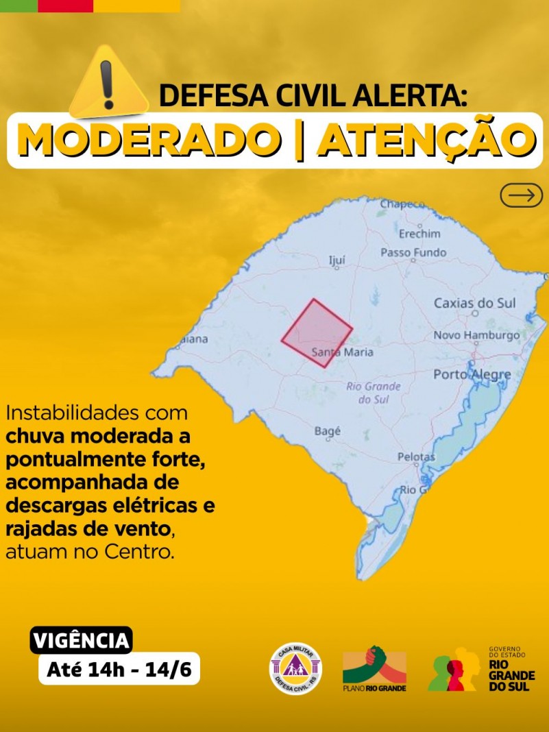 Defesa Civil alerta: Condição de ATENÇÃO para instabilidades com chuva moderada a pontualmente forte, raios e vento