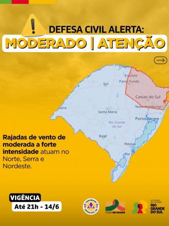 Defesa Civil alerta: Condição de ATENÇÃO para rajadas de vento de moderada a forte intensidade