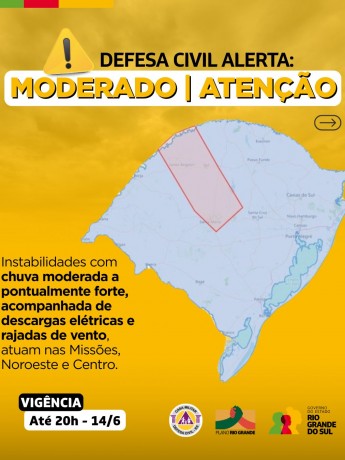 Defesa Civil alerta: Condição de ATENÇÃO para instabilidades com chuva moderada a pontualmente forte, raios e vento 