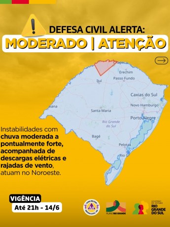 Defesa Civil alerta: Condição de ATENÇÃO para instabilidades com chuva moderada a pontualmente forte, raios e vento 