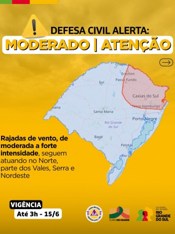 Defesa Civil alerta: Condição de ATENÇÃO para rajadas de vento de moderada a forte intensidade