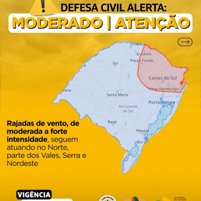 Defesa Civil alerta: Condição de ATENÇÃO para rajadas de vento de moderada a forte intensidade