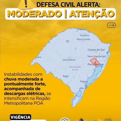 Defesa Civil alerta: Condição de ATENÇÃO para instabilidades com chuva moderada a pontualmente forte e descargas elétricas